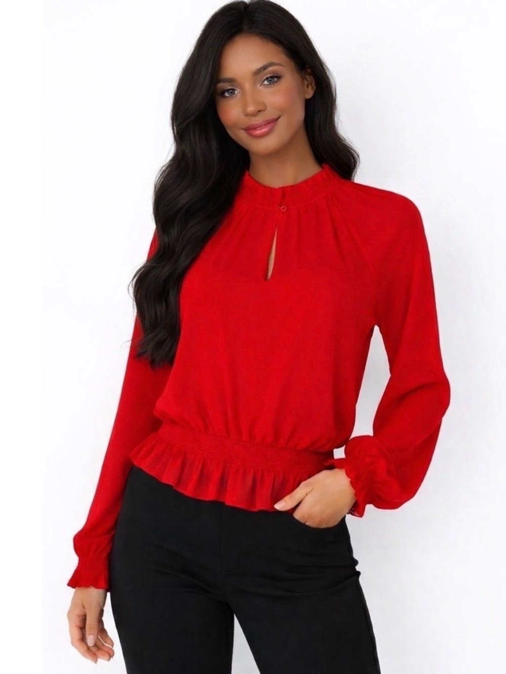 Ann Taylor Red Long-Sleeve Ruffle-Hem Blouse